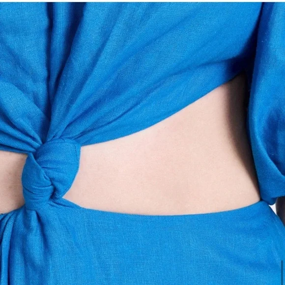 FARM Rio Blue Off-Shoulder Linen Midi Knot Dress Cutout Size L NWT - Picture 6 of 11